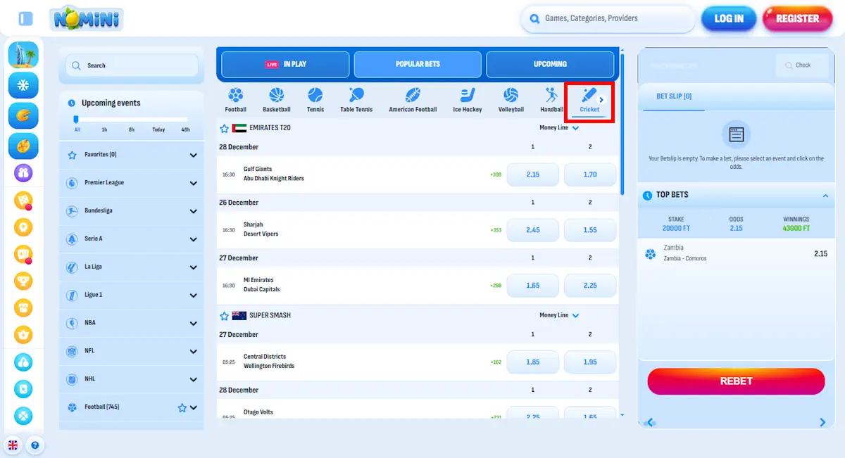 Nomini Cricket Betting Screenshot